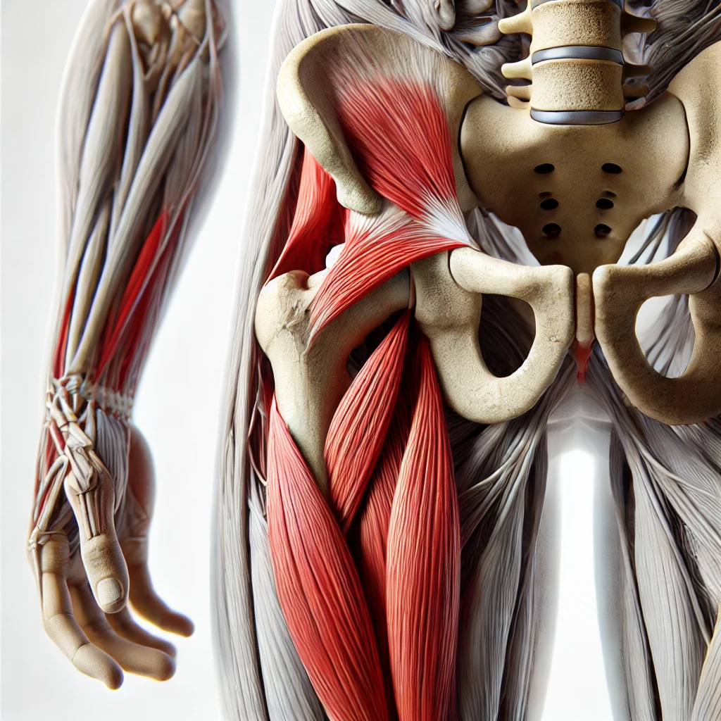 Ilustración que muestra el músculo tensor de la fascia lata (TFL), su conexión con la banda iliotibial (ITB) y las estructuras circundantes. Está diseñada para ayudar a comprender su anatomía y función.