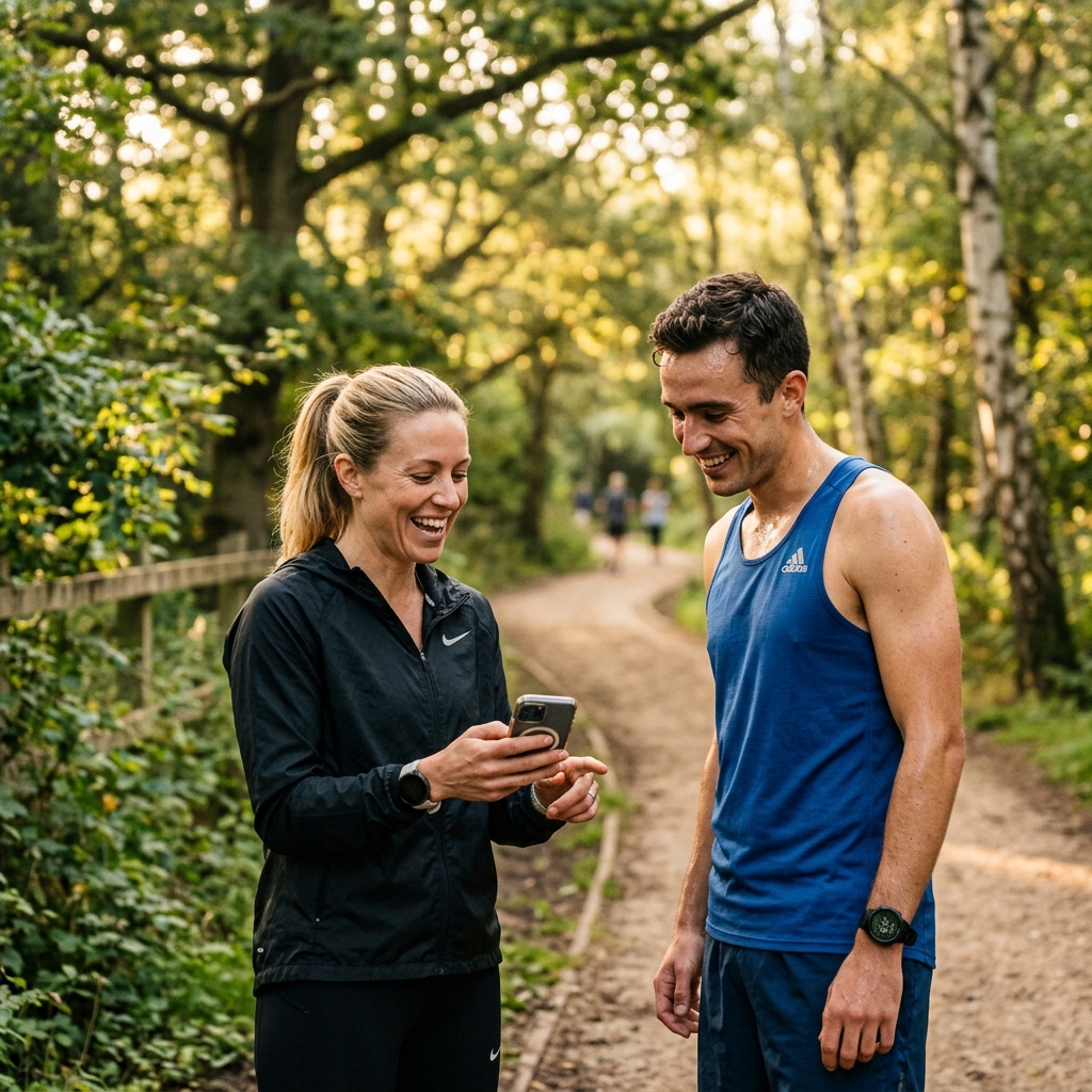 Entrenadora de running conversando con su atleta en un sendero, mostrando datos en el móvil